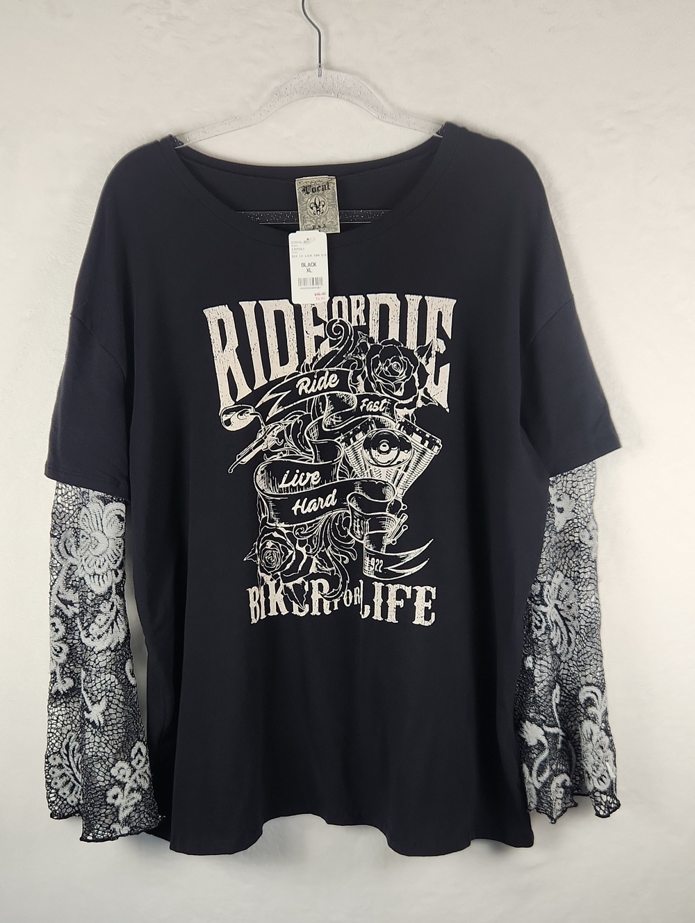 Ride or Die Black Biker For Life Tee with Lace‎ Sleeves Made In USA Women's XL